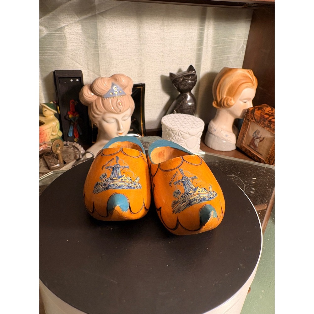 Vintage Holland Wooden Clogs Orange Hand Painted Windmill Dutch Klompen Decor